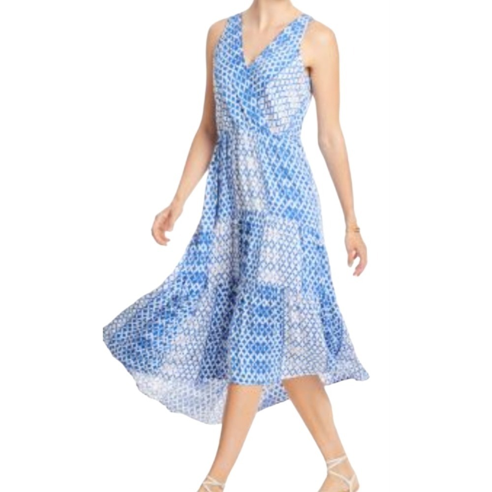 Tommy Bahama Womens Blue White Geometric Tiered Midi Dress XL Coastal Resort